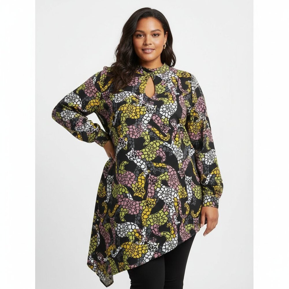 Ashley Stewart Women Multicolor Cat Mosaic Tunic Top Plus 18/20 Scuba Art Funky